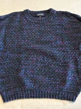 Lands End Vintage Cotton Chunky Woven Sweater Women's L 14-16 Navy Purple Green